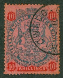 SG 50 Rhodesia 1896-97. 10/- slate & vermilion-rose. Very fine used CAT £80