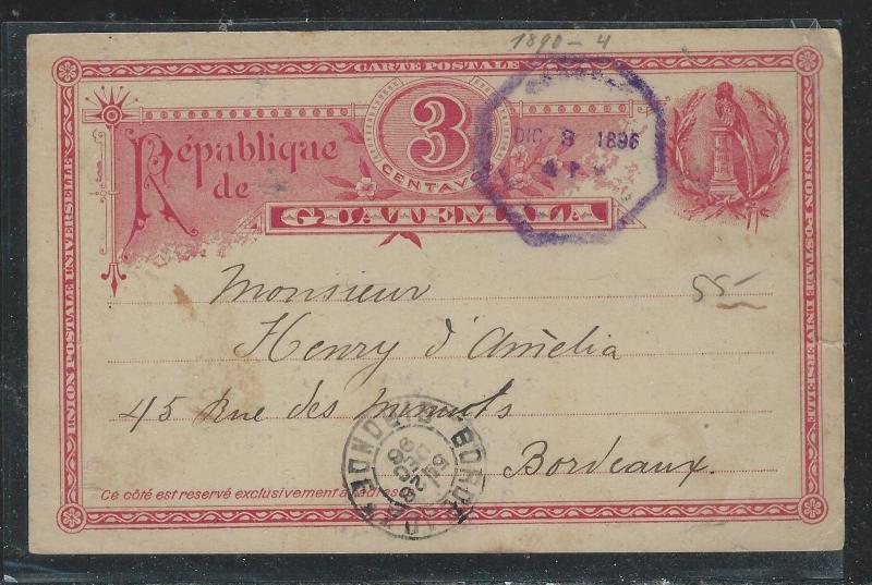 GUATEMALA  (PP2706B) 1896 3C BIRD PSC TO FRANCE