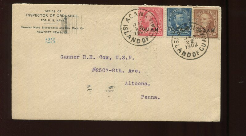 Guam Scott 2, 5 & 8 Overprint Used Stamps on Military Cover Guam to Altoona PA