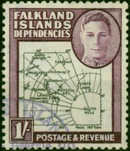 Falkland Island Dep 1946 1s Black & Purple SGG8a 'Gap in 80th Parallel' V.F.U