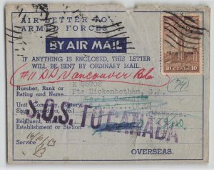 Canada 1943 WWII SOS TO CANADA Returned Military Air Letter BC to Overseas