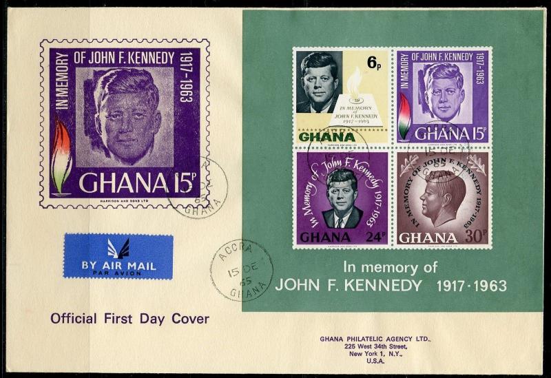 GHANA 1965  JOHN F. KENNEDY  SOUVENIR SHEET REGISTERED FIRST DAY COVER