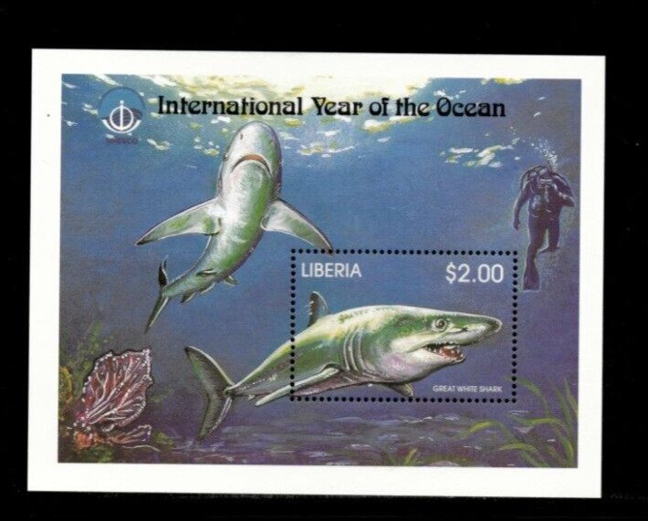 Liberia 1998 - Year of Ocean Sharks - Souvenir Stamp Sheet - Scott #1360 - MNH