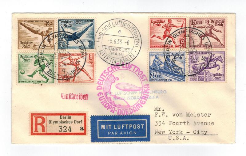 1936 LZ 129 Germany Hindenburg Zeppelin Olympics Cover to USA comp set # B82-B89