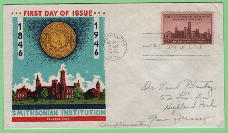 $US Sc#943 Addressed to Dr. Planty! FDC Fluegel cachet Smithsonian Institution