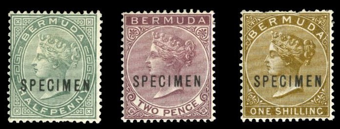 Bermuda #18/25S (SG 21/29s) Cat£375, 1883 1/2p, 2p and 1sh, overprinted Spec...