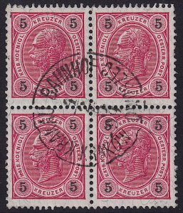 Austria - 1890 - Scott #54 - used block of 4 - KRAKAU BAHNHOF pmk Poland