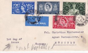 GB SG 532-535 CORONATION FIST DAY COVER TO GERMANY 1953 CAT VALUE $125+