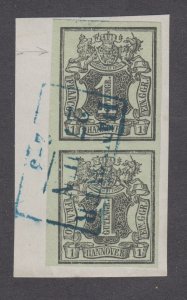 Hanover Mi 2, 2V, used. 1851 1ggr Coat-of-Arms, top stamp major plate flaw, XF