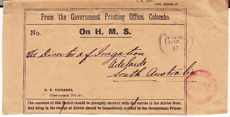 Ceylon - Official Mailer Label - To  South Australia