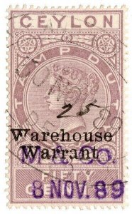 (I.B) Ceylon Revenue : Warehouse Warrant 50c (1887)