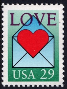 SC#2618 29¢ Love: Heart in Envelope Single (1992) MNH