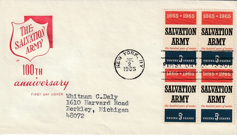 US 1267 (Me-12) 5c Salvation Army blk 4 on FDC Farnam Cachet ECV $10.00