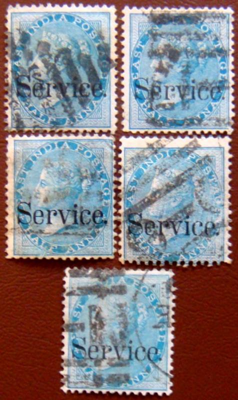 BRITISH INDIA 1867 1/2a Queen Victoria DIE-I Service 5 Stamps USED CV500Rs