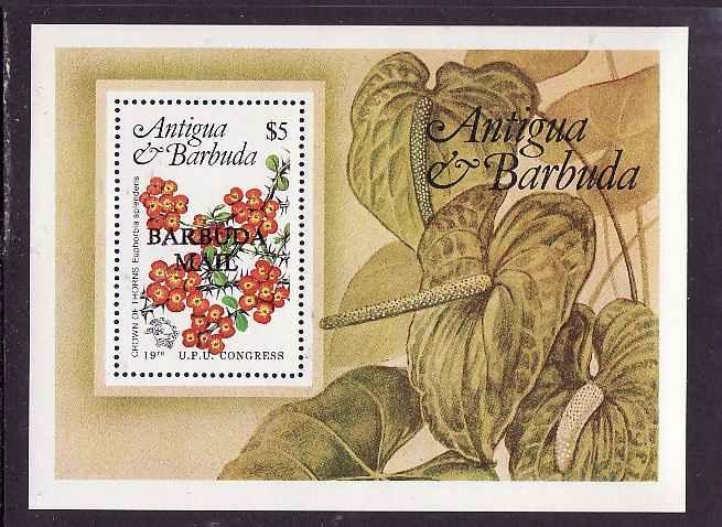 Barbuda-Sc#640-unused NH sheet-Flowers-UPU Congress-1984-