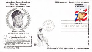 Ashley Cachets D13 FDC 2097 Roberto Clemente Puerto Rico Baseball 1984