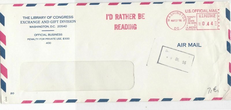 United States 1986 Id Rather Be Reading Airmail Meter Mail Stamps Cover Rf 29351