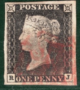 GB PENNY GREY-BLACK 1840 QV SG.3 1d Plate 1a (RJ) Used MX AS3 Cat £525+ BRRED64