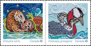 MOTHERS & BABIES = OTTER, RED-NECKED GREBE Pair on FRONT BK page Canada 2023 MNH