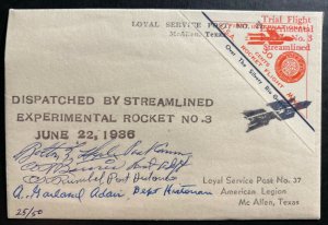 1936 McAllen TX USA First Flight Exp Rocket # 3 Mail cover To Reynosa Mexico