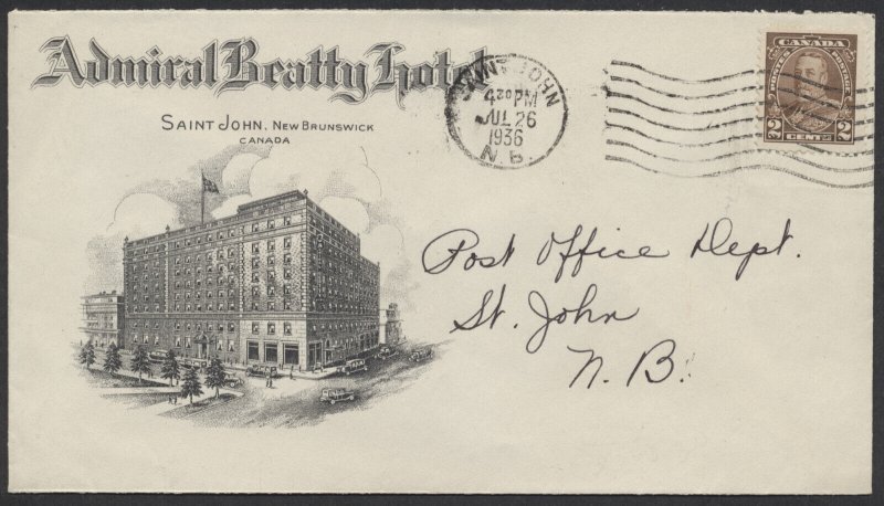 1936 Admiral Beatty Hotel Cover Saint John NB to Local Address
