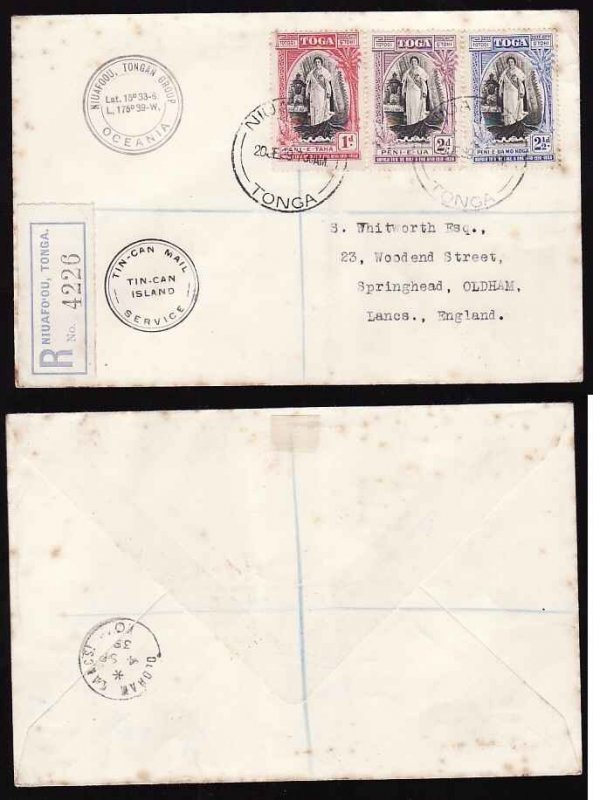 Tonga cover #11702-Tonga reg'd-England-toning-Niuafo'ou-20 Je 1939-...