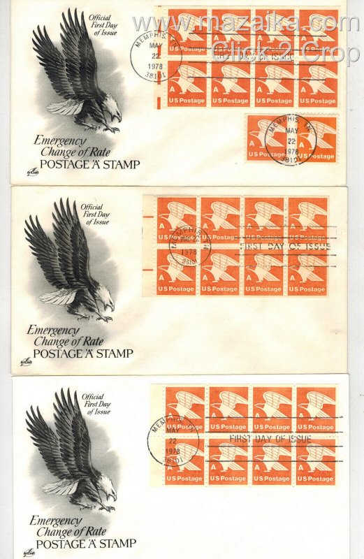 Better Artcraft SET OF 3 EAGLE A BOOKLET PANES FDCs DIFFERENT SELVAGE MARKINGS