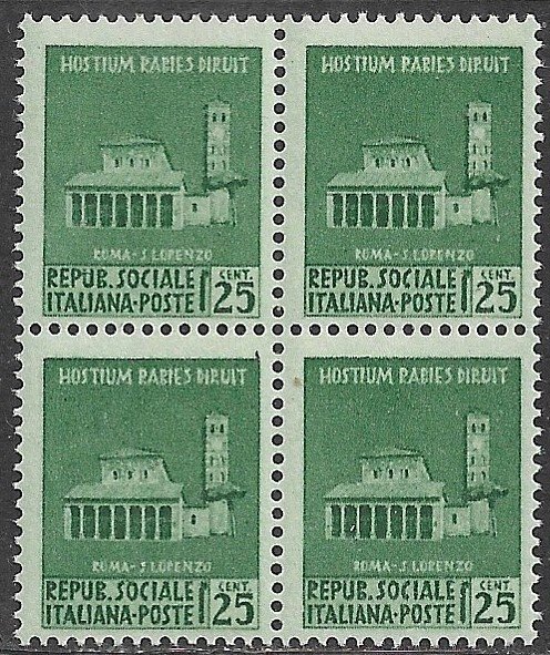 ITALIAN SOCIAL REPUBLIC 1944 25c Basilica San Lorenzo Wmkd Block of 4 Sc 19 MNH
