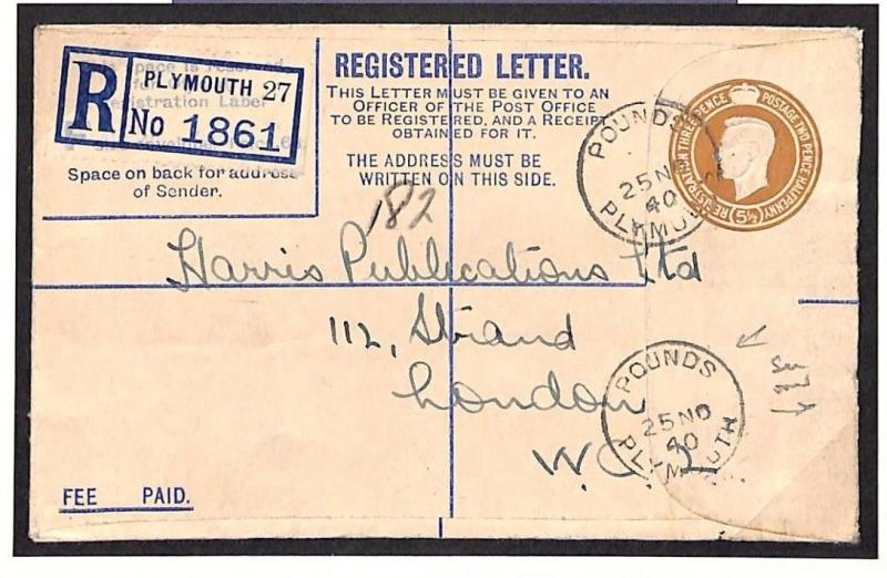 MS1440 1940 WW2 GB DEVON *Pounds* Plymouth Sub-Office Registered Cover London