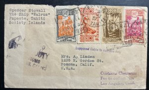 1937 Papeete Tahiti Postage Due Cover to Pomona CA USA Via Walrus Ship