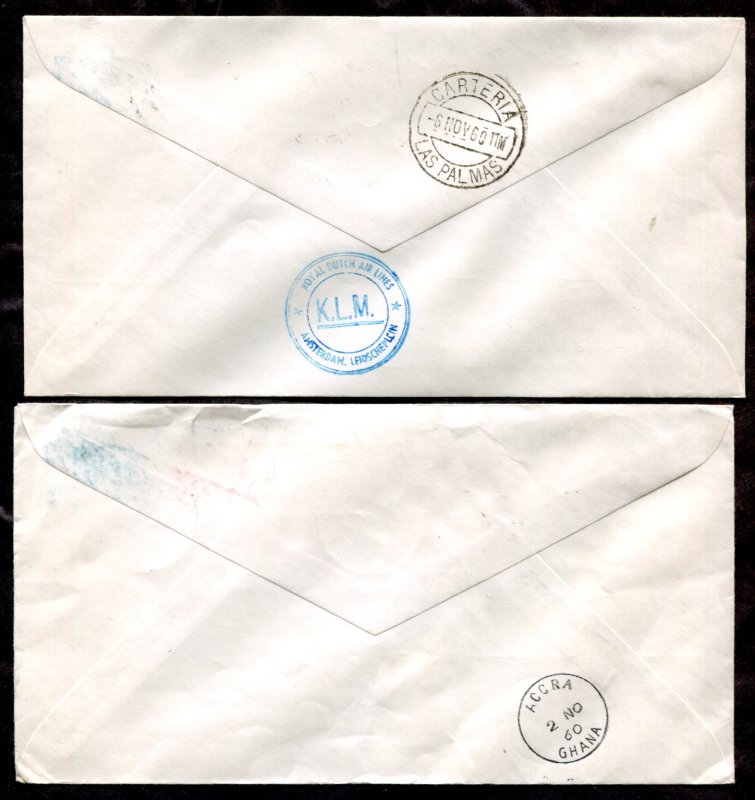 d106 - NETHERLANDS 1960 Lot of (2) KLM First Flight Covers. Ghana & Las Palmas