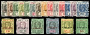 Mauritius 1921 KGV complete set overprinted or perf SPECIMEN vfm. SG 223s-241s.