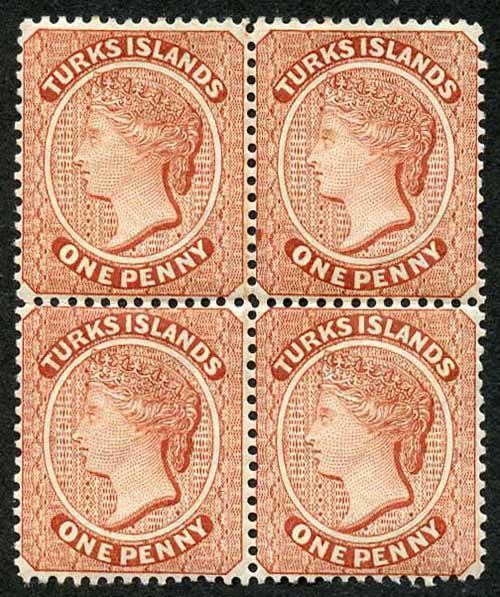 TURKS ISLANDS SG64 1d Pale Rosy lake Wmk Crown CA Perf 14 Mint Block (2 x U/M)