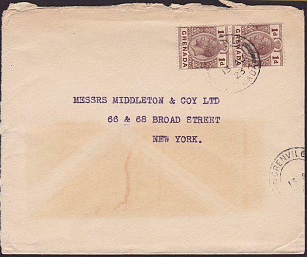 GRENADA 1923 cover to USA - GRENVILLE village cds...........................6483