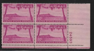 1952 Airmail Sc C46 80c Hawaii plate block of 4 MNH 24593LR   Durland CV $25