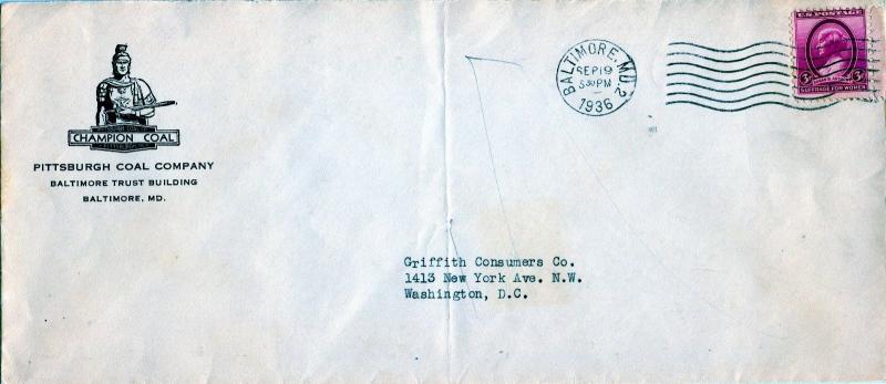 US Scott 784 on 1936 Cover with Ad Corner Card for Pittsburgh Coal Company