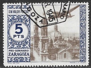 SPAIN 1945 5p Aircraft Blue ZARAGOZA SEMINARY Charity Label VFU