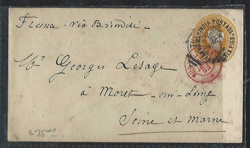 INDIA  (P0110B) 1893    QV  2A 6P/2A PSE RED CANCEL TO FRANCE