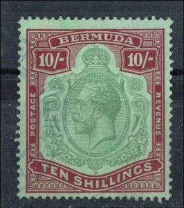 Bermuda 1921 10s green & carmine/pale emerald sg92 very fine used, cancel prob