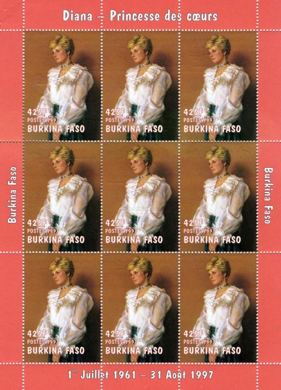 Burkina Faso 1997 PRINCESS DIANA Sheet (9) Perforated Mint (NH)