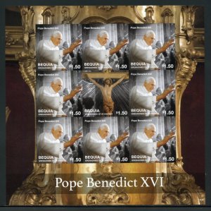 SPECIAL BEQUIA POPE BENEDICT XVI  LOT OF FOUR IMPERF SHEETS MINT NH