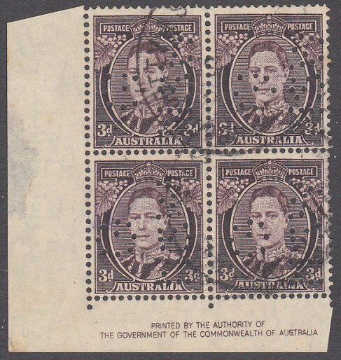 AUSTRALIA GV 3d imprint block of 4 used official perfin G/NSW...............2305