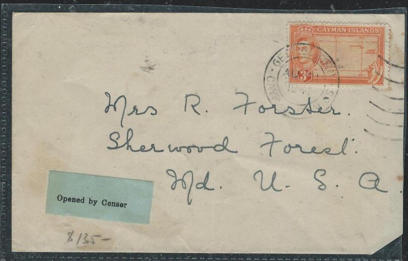 CAYMAN ISANDS (P1706B) 1941 KGI 3D COVER TO USA OPENED BY CENSOR LABEL,  SCARCE