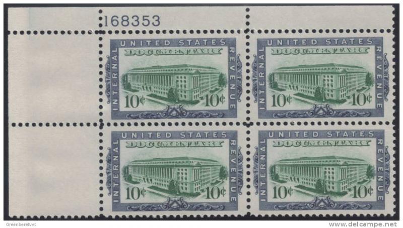 U.S. #R733 1962 IRS Building Plate Block Inscribed MNH