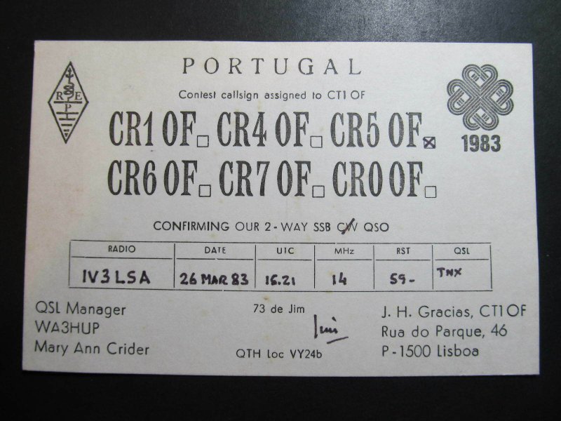 9786 Amateur Radio QSL Card LISBON PORTUGAL-