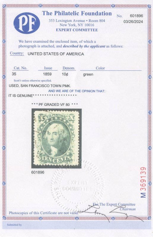 UIS Scott #35 Used, VF, PFC (Graded 80)