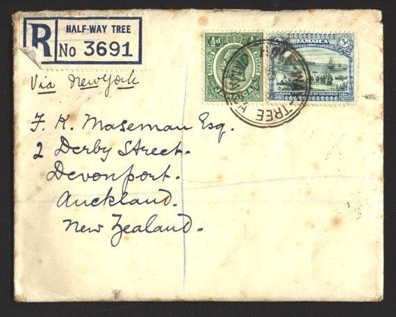 JAMAICA 1937 Reg cover HALF WAY TREE to New Zealand........................90358