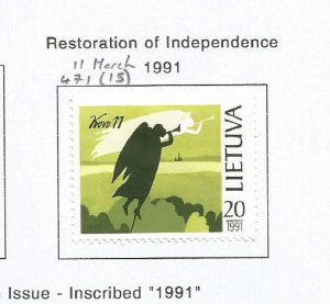 LITHUANIA - 1991 - Independence Restoration -  Perf Single Stamp - M L H