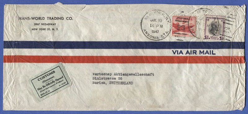 US 1947 Airmail Cover $1.05 rate, Prexy $1 Wilson + 5c Airmail to Switzerland