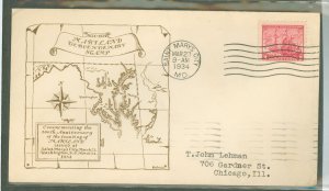 US 736 1934 3c Founding of Maryland - 300th anniv on an addressed (typed) FDC with a Beverly HIlls cachet